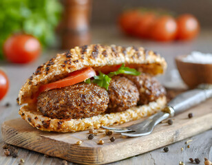 A close-up shot of a traditional Serbian Pljeskavica sandwich, ready to be savored