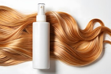 Hair care product spray bottle blonde hair beauty treatment styling product hairspray mockup