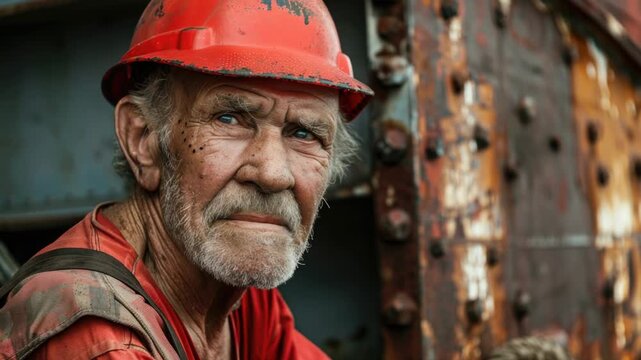 A senior man wearing a red hard hat, likely for construction or work purposes