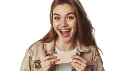 Young woman smiling and holding a blank card in a joyful expression against a white background