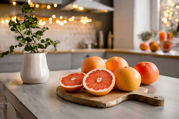 Ripe grapefruits on a cutting board in a modern, well-lit kitchen setting