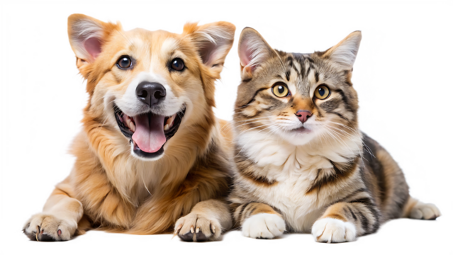 joyful dog and cat relaxing together at home isolated on white background, png, ai generated.