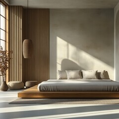 Minimalist bedroom with natural sunlight and textures
