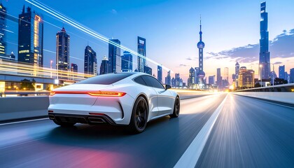 Futuristic white sports car on a city highway at dawn