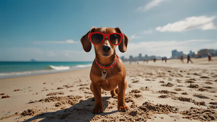 Stylish Brown Dachshund in Red Sunglasses on Sandy Beach