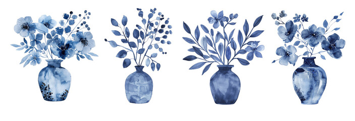 Beautiful blue floral arrangements in vases create a serene atmosphere in a living space