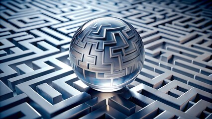 A metallic sphere rests in the center of a complex geometric maze