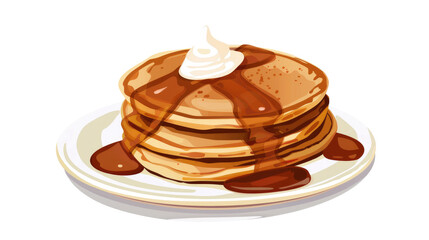 Stack of fluffy pancakes drizzled with syrup and topped with whipped cream served on a plate