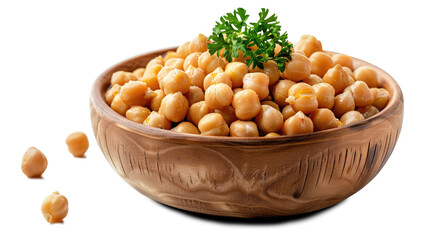 A bowl filled with delicious chickpeas garnished with fresh green herbs. This dish highlights the beauty of rustic ceramics and fresh, hearty ingredients.