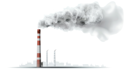 A tall red and white striped chimney emits thick smoke, creating a noticeable contrast on transparent background. This industrial structure signifies manufacturing activity and pollution.