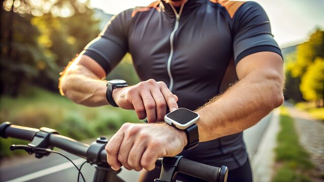A cyclist checks his smartwatch while on a ride outdoors