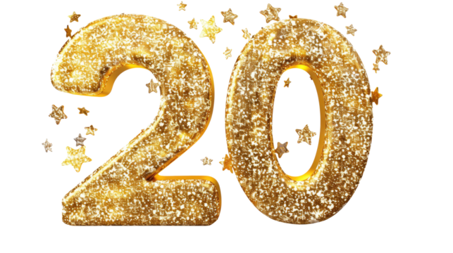 Celebrating twenty years of success with golden decorations and star-themed embellishments on display