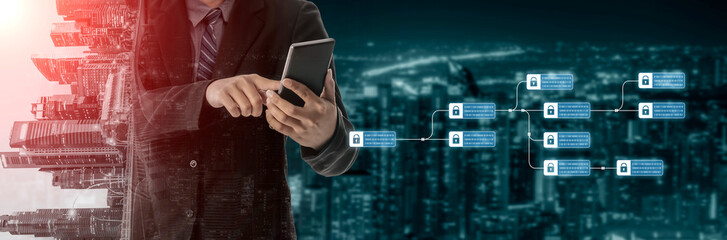 Blockchain structure showing distributed data blocks linked with encryption, representing secure...