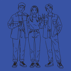 Youthful Harmony Three Figures Embrace Friendship Fashion and Joyful Connection in a silhouette