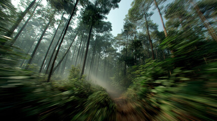 Naklejka premium Speeding through a mysterious, mist-shrouded forest path, tall trees blur into an enchanting natural tunnel, inviting adventure and exploration