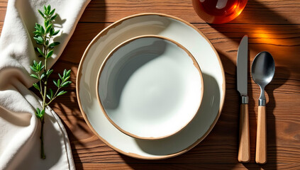 A beautifully arranged table featuring a white ceramic plate on a wooden surface. A smaller bowl sits atop, accompanied by a knife and spoon. A sprig of greenery adds freshness.