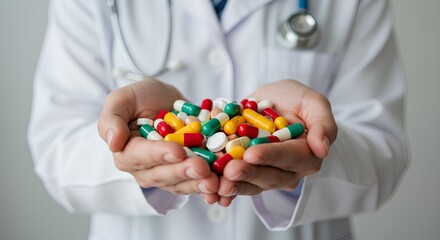Doctor holding handful of colorful pills and capsules in hands with white lab coat and stethoscope