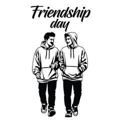 Friendship Day Silhouette Two Friends Walking in Hoodies Outline Vector Image Shape Contrast Artwork
