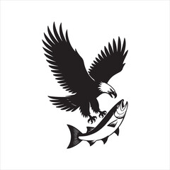 Obraz premium A black silhouette of an eagle with outstretched wings flying and holding a fish in its talons. Vector design 