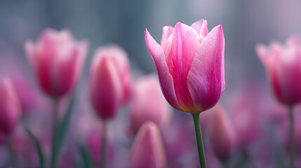 Obraz premium beautiful pink Tulip on blurred spring sunny background. bright pink tulip flower background for spring or love concept. beautiful natural spring scene, texture for design, copy space. banner