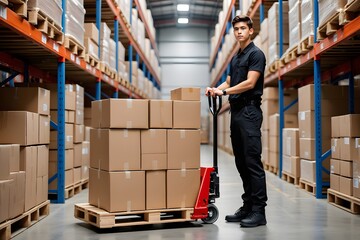Warehouse worker pallet jack boxes shipping logistics distribution inventory management stock