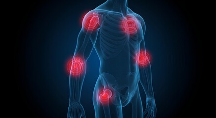 Human body with highlighted joints showing pain and inflammation in red circles against blue