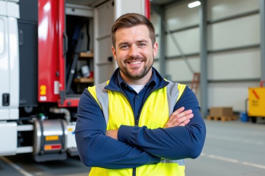 Smiling man wearing a safety vest standing in a warehouse  