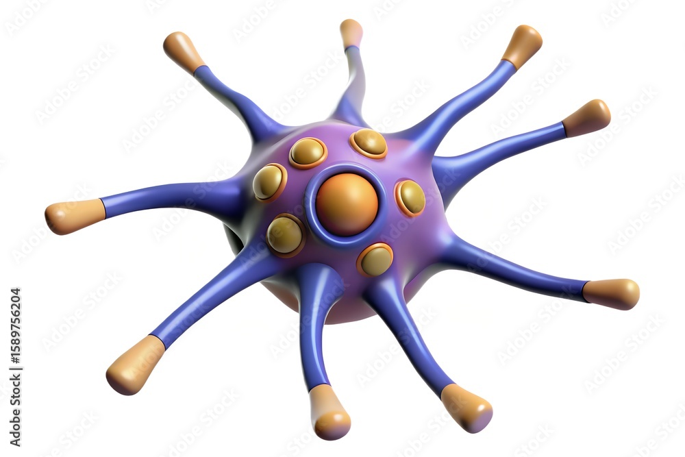 Poster abstract 3d rendering of a stylized purple and gold virus particle