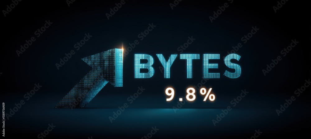 Poster glowing digital arrow and text representation of data growth and bytes