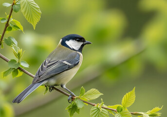 Obraz premium A great tit bird perched on a branch. The bird is positioned slightly to the left of center within the image