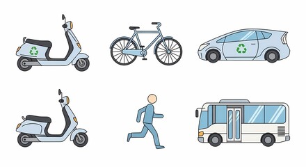 Eco-Friendly Transportation: Scooter, Bike, Car, Runner, Bus, Recycling Symbol.