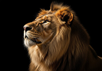 Naklejka premium A lion, positioned slightly off-center to the left side of the image, is featured in a profile view