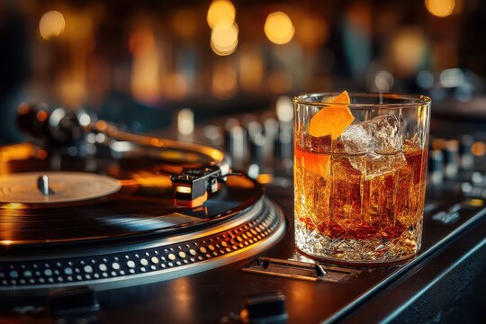 Old fashioned cocktail by a turntable in a warm ambient setting
