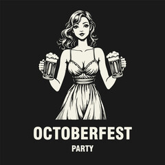 Black and white flat vector illustration of a smiling girl in a dirndl with deep neckline holding two beer mugs. Oktoberfest or International Beer Day themed design.
