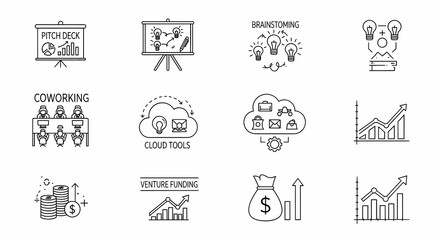 Minimalist Business Icons: Pitch Deck, Brainstorming, Cloud Tools, Venture Funding.