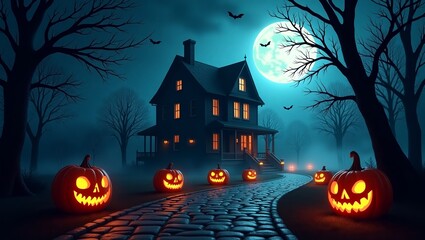 Fototapeta premium Halloween Night with Jack-o’-Lantern Path Leading to Haunted House