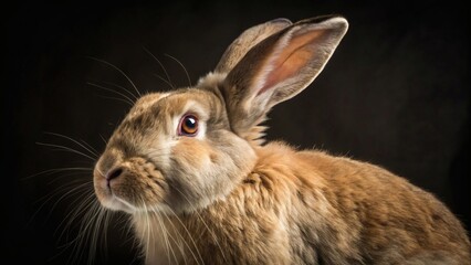 Obraz premium Close up portrait of a fluffy brown rabbit with long whiskers against a dark black background studio shot