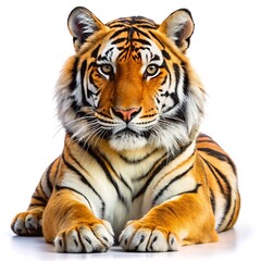 A beautiful bengal tiger is lying down isolated on white background