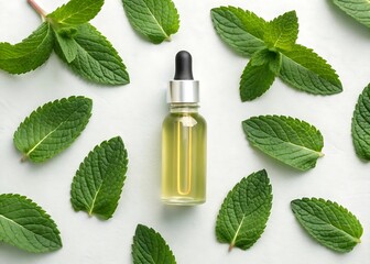 A bottle of essential mint oil is surrounded by fresh green mint leaves, creating a natural and aromatic composition