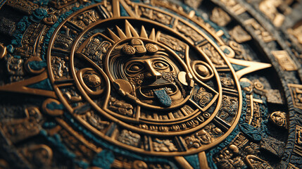 Naklejka premium Ornate Aztec-Inspired Calendar Stone with Turquoise Accents
