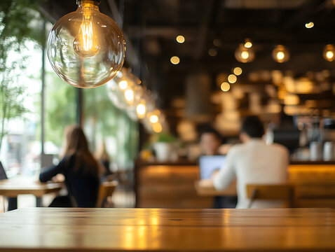 Cozy café with wooden tables, glowing pendant lights, and blurred people working or chatting in the background, evoking a relaxed atmosphere perfect for meetings, remote work, or casual dining 