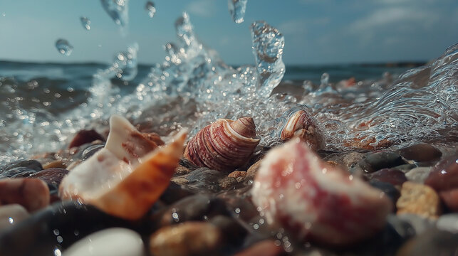 Close-up shot of seashells and pebbles being washed by ocean waves, highlighting nature's delicate artistry