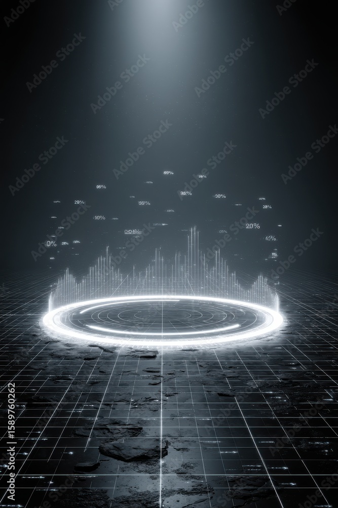 Poster futuristic digital concept with glowing data visualization and wireframe elements