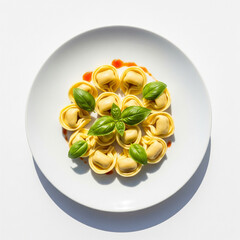Overhead clean shot of freshly cooked cheese tortellini arranged in white plate with basil garnish. Natural daylight, sauce drizzle optional copy