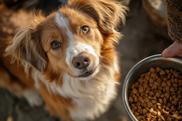 Adorable Dog Gazes Up at Bowl of Crunchy Brown Food Outdoors. The scene captures the essence of pet care, loyalty, and wholesome feeding moments.