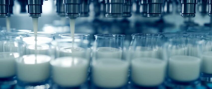 Automated yogurt production line: Glass jars are filled with creamy yogurt on a conveyor belt