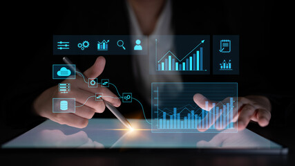 Data flow from database and cloud to processing and analytics dashboards, representing data...