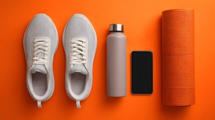 Fitness essentials laid out on vibrant orange background featuring sneakers, bottle, phone and yoga mat.