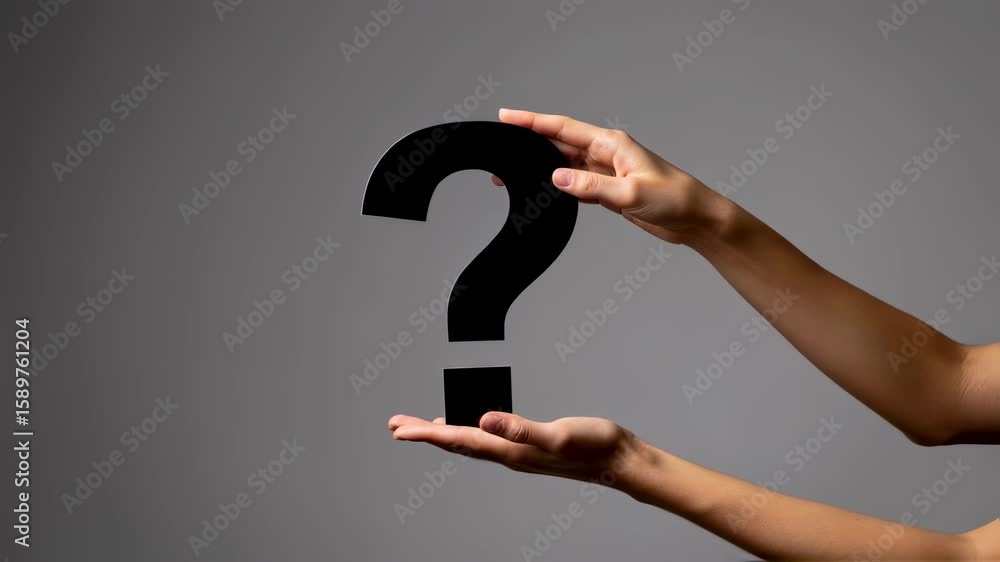 Poster woman showing an animated black question mark on a gradient background, representing uncertainty or 