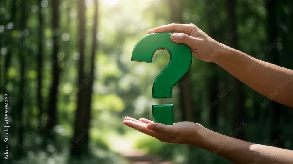 Poster a man holding a green question mark with hands against a nature background of a forest. knowledge se
